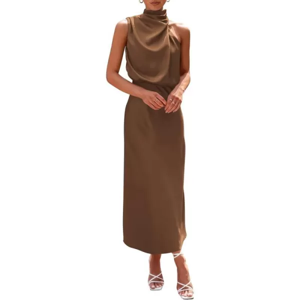 imagePRETTYGARDEN Womens 2023 Summer Satin Dress Elegant Sleeveless Mock Neck Cocktail Party Maxi DressesKhaki