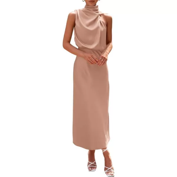 imagePRETTYGARDEN Womens 2023 Summer Satin Dress Elegant Sleeveless Mock Neck Cocktail Party Maxi DressesLight Khaki