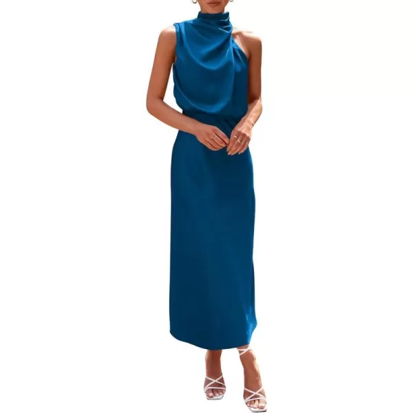 imagePRETTYGARDEN Womens 2023 Summer Satin Dress Elegant Sleeveless Mock Neck Cocktail Party Maxi DressesNavy