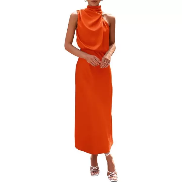 imagePRETTYGARDEN Womens 2023 Summer Satin Dress Elegant Sleeveless Mock Neck Cocktail Party Maxi DressesOrange