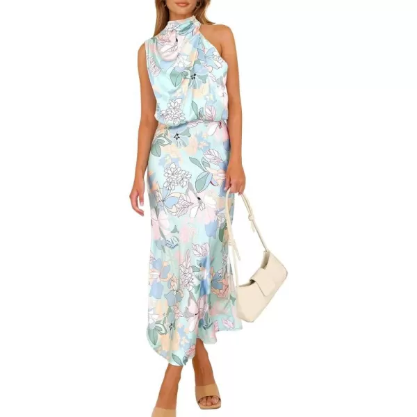 imagePRETTYGARDEN Womens 2023 Summer Satin Dress Elegant Sleeveless Mock Neck Cocktail Party Maxi DressesPrint Blue