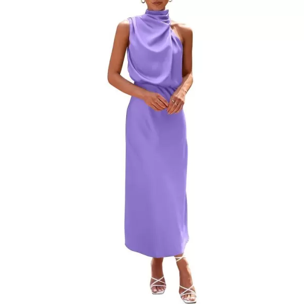 imagePRETTYGARDEN Womens 2023 Summer Satin Dress Elegant Sleeveless Mock Neck Cocktail Party Maxi DressesPurple
