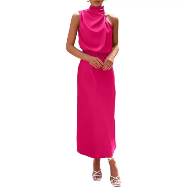 imagePRETTYGARDEN Womens 2023 Summer Satin Dress Elegant Sleeveless Mock Neck Cocktail Party Maxi DressesRose Red