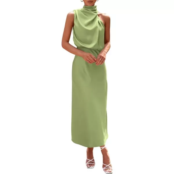 imagePRETTYGARDEN Womens 2023 Summer Satin Dress Elegant Sleeveless Mock Neck Cocktail Party Maxi DressesTender Green