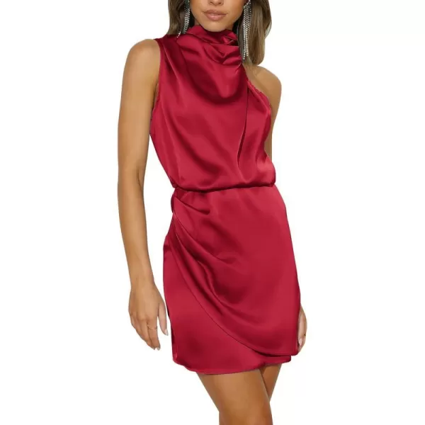 imagePRETTYGARDEN Womens 2023 Summer Satin Dress Sleeveless Mock Neck Short Formal Cocktail Party DressesRed