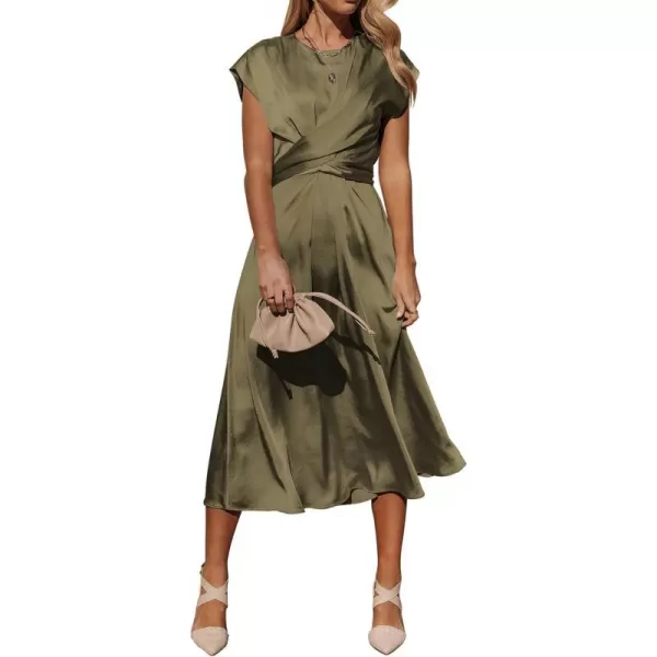 imagePRETTYGARDEN Womens 2023 Summer Satin Midi Dress Cap Sleeve Tie Waist Elegant ALine Flowy DressesArmy Green