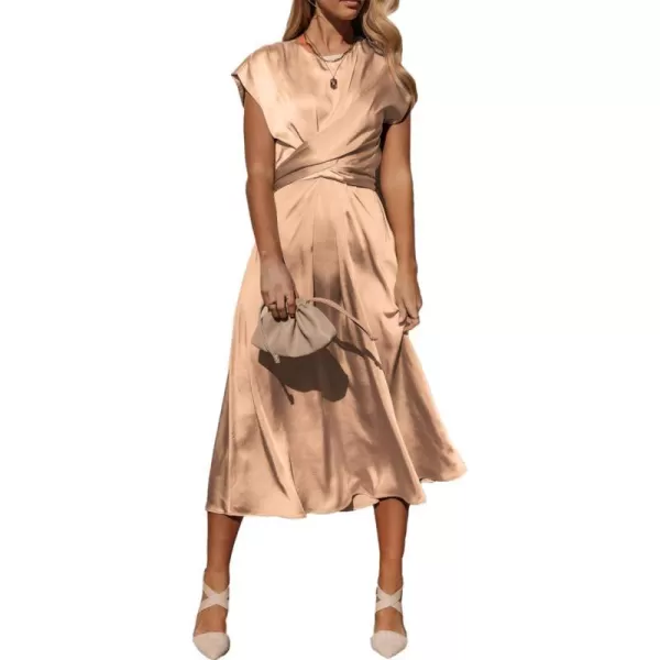 imagePRETTYGARDEN Womens 2023 Summer Satin Midi Dress Cap Sleeve Tie Waist Elegant ALine Flowy DressesBrown
