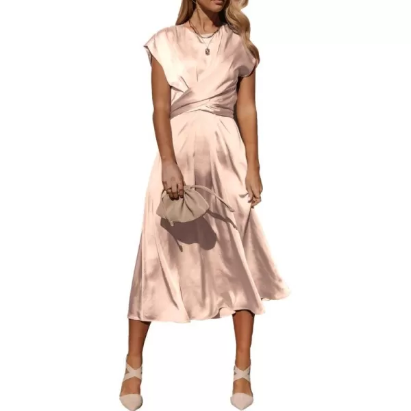 imagePRETTYGARDEN Womens 2023 Summer Satin Midi Dress Cap Sleeve Tie Waist Elegant ALine Flowy DressesChampagne