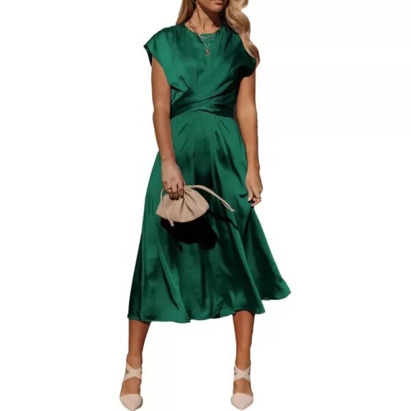 imagePRETTYGARDEN Womens 2023 Summer Satin Midi Dress Cap Sleeve Tie Waist Elegant ALine Flowy DressesDark Green