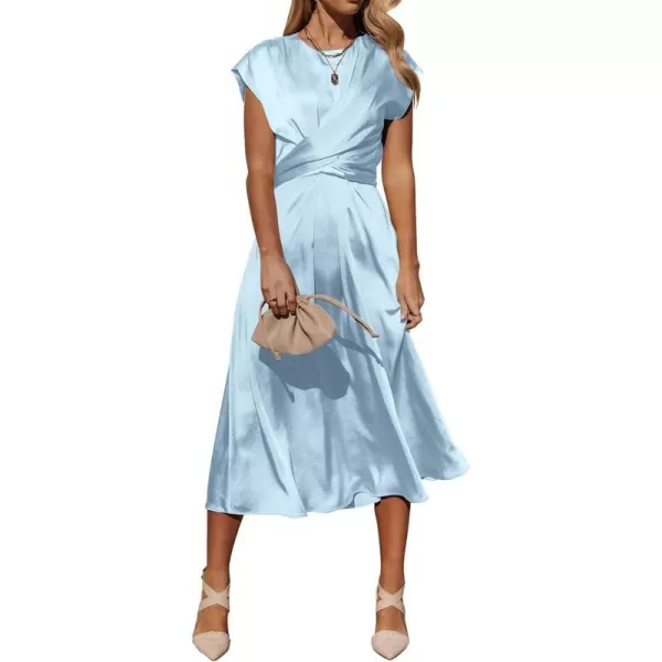 imagePRETTYGARDEN Womens 2023 Summer Satin Midi Dress Cap Sleeve Tie Waist Elegant ALine Flowy DressesLight Blue