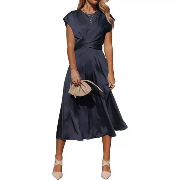 imagePRETTYGARDEN Womens 2023 Summer Satin Midi Dress Cap Sleeve Tie Waist Elegant ALine Flowy DressesNavy