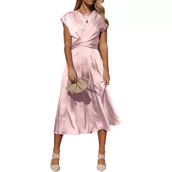 imagePRETTYGARDEN Womens 2023 Summer Satin Midi Dress Cap Sleeve Tie Waist Elegant ALine Flowy DressesPink