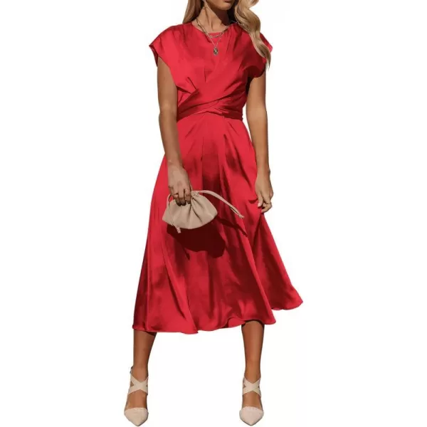 imagePRETTYGARDEN Womens 2023 Summer Satin Midi Dress Cap Sleeve Tie Waist Elegant ALine Flowy DressesRed