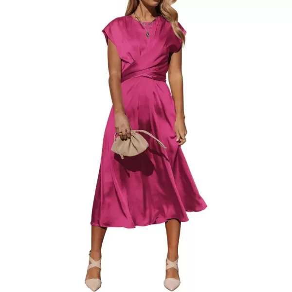 imagePRETTYGARDEN Womens 2023 Summer Satin Midi Dress Cap Sleeve Tie Waist Elegant ALine Flowy DressesRose Red