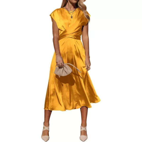 imagePRETTYGARDEN Womens 2023 Summer Satin Midi Dress Cap Sleeve Tie Waist Elegant ALine Flowy DressesYellow