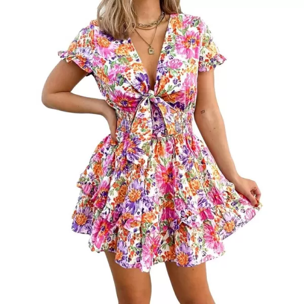 imagePRETTYGARDEN Womens 2023 Summer Swing Mini Dress Tie Front V Neck Short Sleeve Ruffle Layer ALine Short DressFloral White