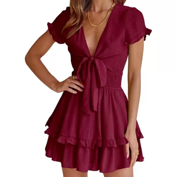 imagePRETTYGARDEN Womens 2023 Summer Swing Mini Dress Tie Front V Neck Short Sleeve Ruffle Layer ALine Short DressWine Red