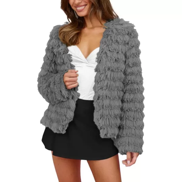 imagePRETTYGARDEN Womens 2023 Winter Coats Fashion Faux Fur Long Sleeve Fleece Shaggy Lightweight Fall Cropped Jacket OuterwearDark Grey