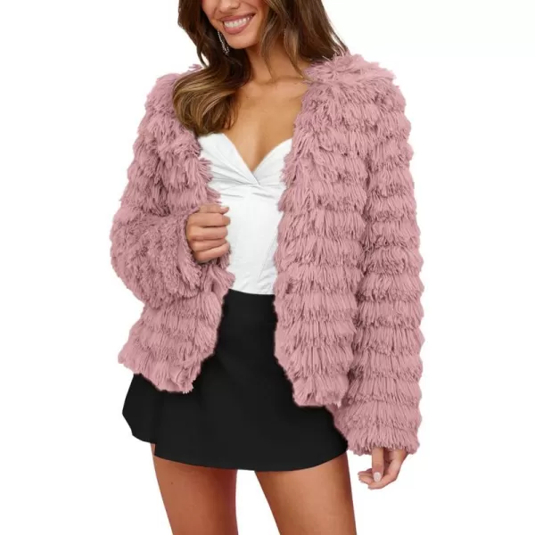 imagePRETTYGARDEN Womens 2023 Winter Coats Fashion Faux Fur Long Sleeve Fleece Shaggy Lightweight Fall Cropped Jacket OuterwearPink