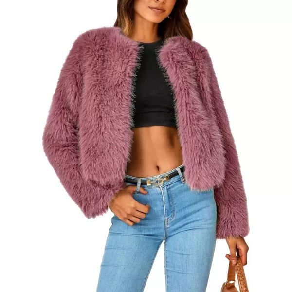 imagePRETTYGARDEN Womens 2023 Winter Coats Fleece Cropped Jacket Faux Fur Long Sleeve Pockets Shaggy Warm Outerwear Fall ClothesBean Paste Red
