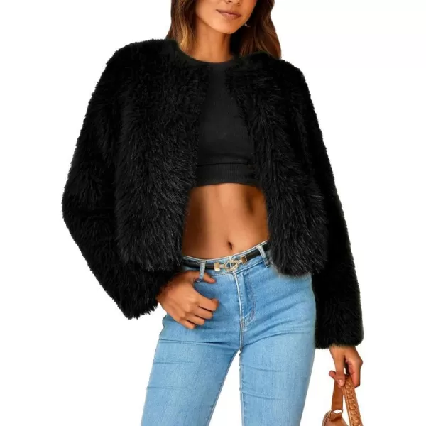imagePRETTYGARDEN Womens 2023 Winter Coats Fleece Cropped Jacket Faux Fur Long Sleeve Pockets Shaggy Warm Outerwear Fall ClothesBlack