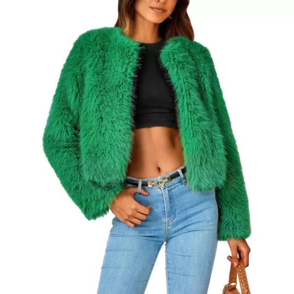 imagePRETTYGARDEN Womens 2023 Winter Coats Fleece Cropped Jacket Faux Fur Long Sleeve Pockets Shaggy Warm Outerwear Fall ClothesGreen