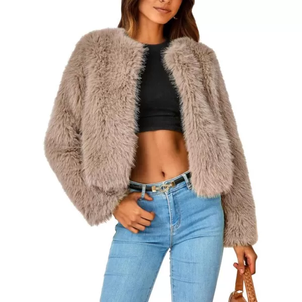 imagePRETTYGARDEN Womens 2023 Winter Coats Fleece Cropped Jacket Faux Fur Long Sleeve Pockets Shaggy Warm Outerwear Fall ClothesKhaki