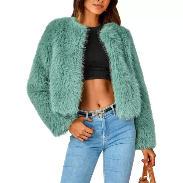 imagePRETTYGARDEN Womens 2023 Winter Coats Fleece Cropped Jacket Faux Fur Long Sleeve Pockets Shaggy Warm Outerwear Fall ClothesLight Green