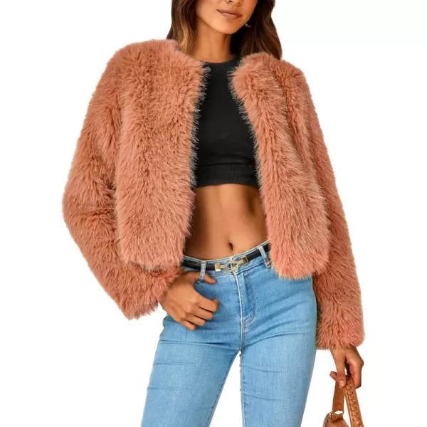 imagePRETTYGARDEN Womens 2023 Winter Coats Fleece Cropped Jacket Faux Fur Long Sleeve Pockets Shaggy Warm Outerwear Fall ClothesOrange