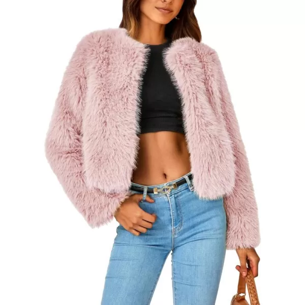 imagePRETTYGARDEN Womens 2023 Winter Coats Fleece Cropped Jacket Faux Fur Long Sleeve Pockets Shaggy Warm Outerwear Fall ClothesPink