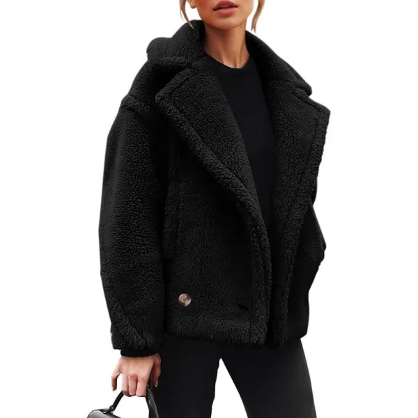 imagePRETTYGARDEN Womens 2023 Winter Fashion Sherpa Coats Lapel Fleece Jacket Long Sleeve Pockets Faux Fur Dressy Fall OutfitsBlack