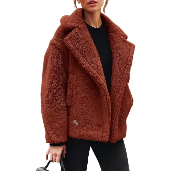 imagePRETTYGARDEN Womens 2023 Winter Fashion Sherpa Coats Lapel Fleece Jacket Long Sleeve Pockets Faux Fur Dressy Fall OutfitsBrown Red