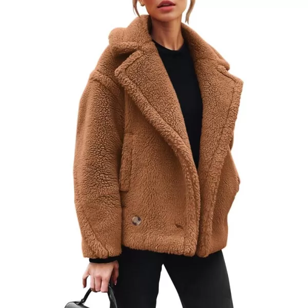 imagePRETTYGARDEN Womens 2023 Winter Fashion Sherpa Coats Lapel Fleece Jacket Long Sleeve Pockets Faux Fur Dressy Fall OutfitsCamel