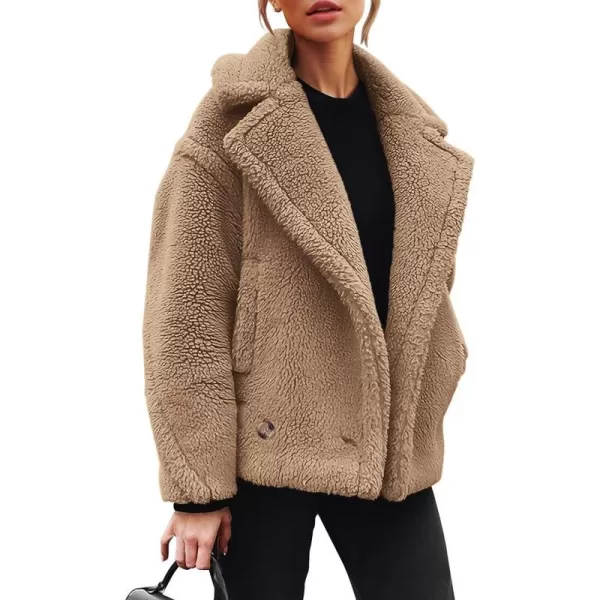 imagePRETTYGARDEN Womens 2023 Winter Fashion Sherpa Coats Lapel Fleece Jacket Long Sleeve Pockets Faux Fur Dressy Fall OutfitsKhaki