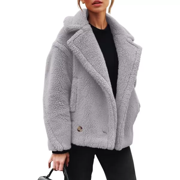 imagePRETTYGARDEN Womens 2023 Winter Fashion Sherpa Coats Lapel Fleece Jacket Long Sleeve Pockets Faux Fur Dressy Fall OutfitsLight Grey