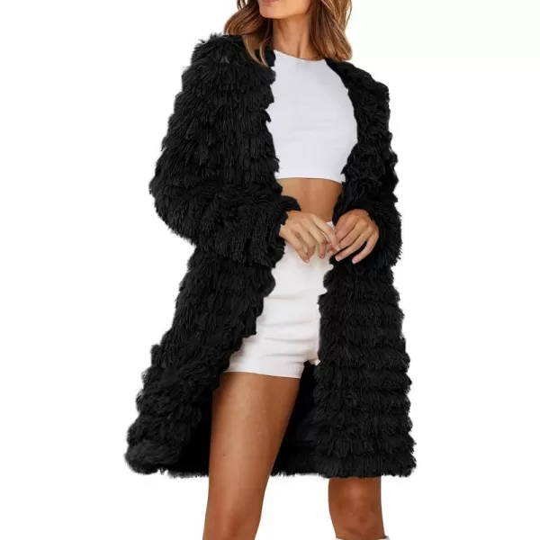 imagePRETTYGARDEN Womens 2023 Winter Faux Fur Jackets Fall Fashion Open Front Long Shaggy Coat OuterwearBlack