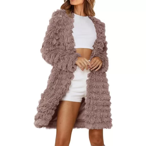 imagePRETTYGARDEN Womens 2023 Winter Faux Fur Jackets Fall Fashion Open Front Long Shaggy Coat OuterwearCoffee