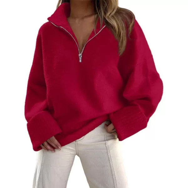 imagePRETTYGARDEN Womens 2023 Winter Pullover Sweaters Long Sleeve 14 Zip Lapel Chunky Knit Blouse TopsRed
