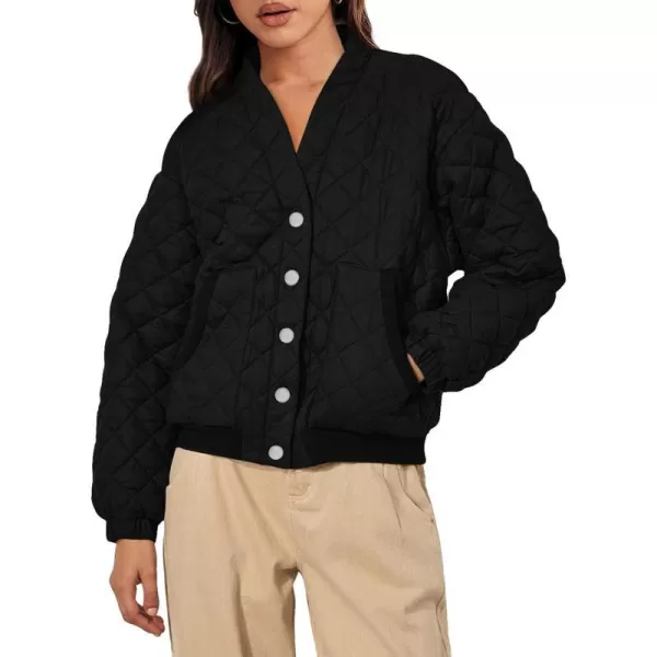 imagePRETTYGARDEN Womens 2023 Winter Quilted Jackets Button Down Long Sleeve Padded Warm Outerwear Fashion Coats With PocketsBlack