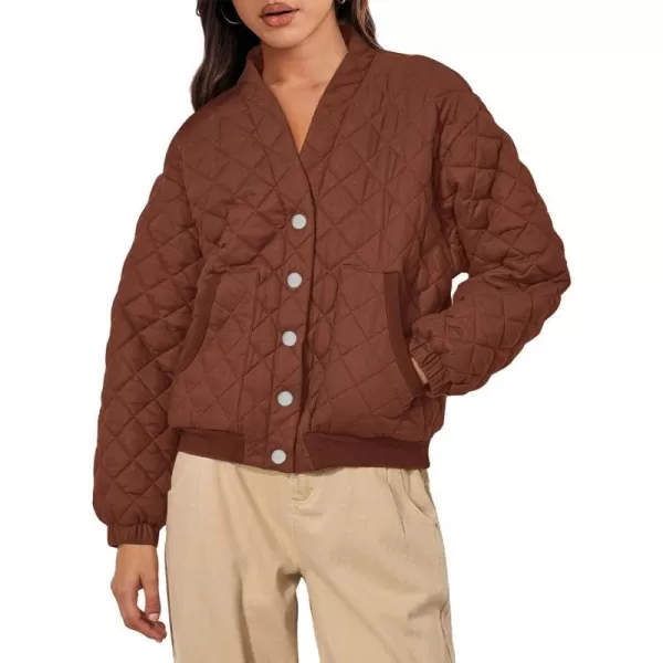 imagePRETTYGARDEN Womens 2023 Winter Quilted Jackets Button Down Long Sleeve Padded Warm Outerwear Fashion Coats With PocketsBrown