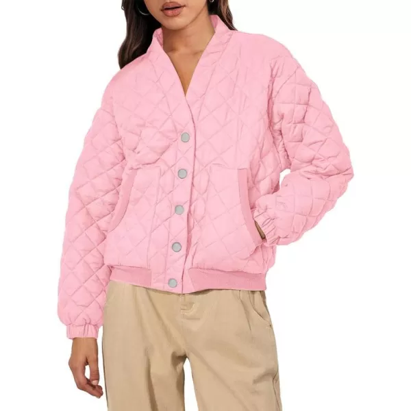 imagePRETTYGARDEN Womens 2023 Winter Quilted Jackets Button Down Long Sleeve Padded Warm Outerwear Fashion Coats With PocketsLight Pink