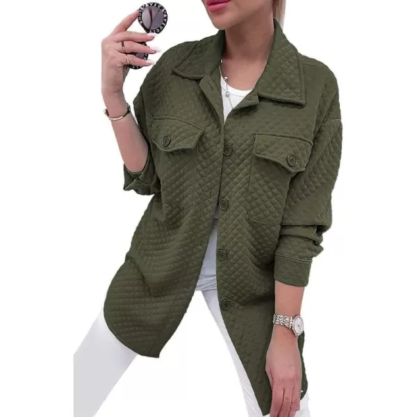 imagePRETTYGARDEN Womens 2023 Winter Quilted Jackets Lapel Coat Outerwear Casual Long Sleeve Button Down Blouse Shirts TopsArmy Green