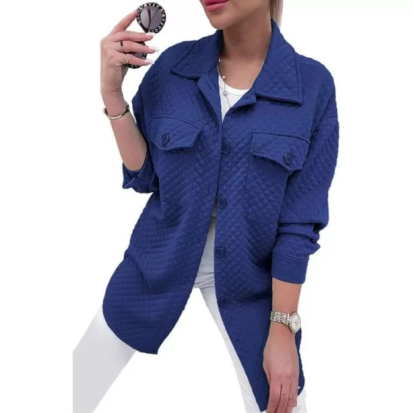 imagePRETTYGARDEN Womens 2023 Winter Quilted Jackets Lapel Coat Outerwear Casual Long Sleeve Button Down Blouse Shirts TopsBright Blue