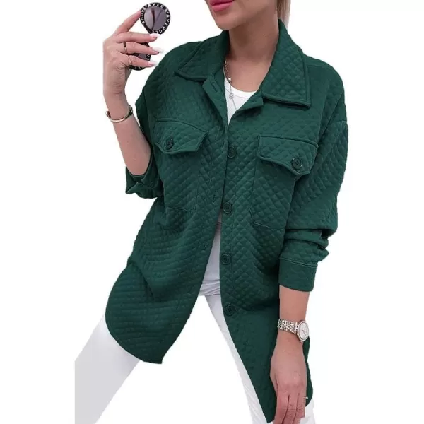 imagePRETTYGARDEN Womens 2023 Winter Quilted Jackets Lapel Coat Outerwear Casual Long Sleeve Button Down Blouse Shirts TopsDark Green