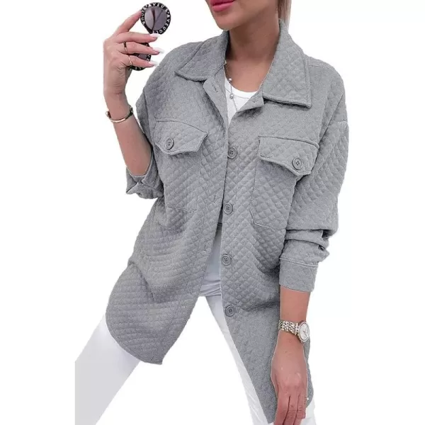 imagePRETTYGARDEN Womens 2023 Winter Quilted Jackets Lapel Coat Outerwear Casual Long Sleeve Button Down Blouse Shirts TopsLight Grey