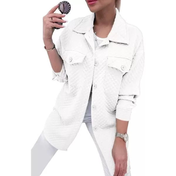 imagePRETTYGARDEN Womens 2023 Winter Quilted Jackets Lapel Coat Outerwear Casual Long Sleeve Button Down Blouse Shirts TopsWhite