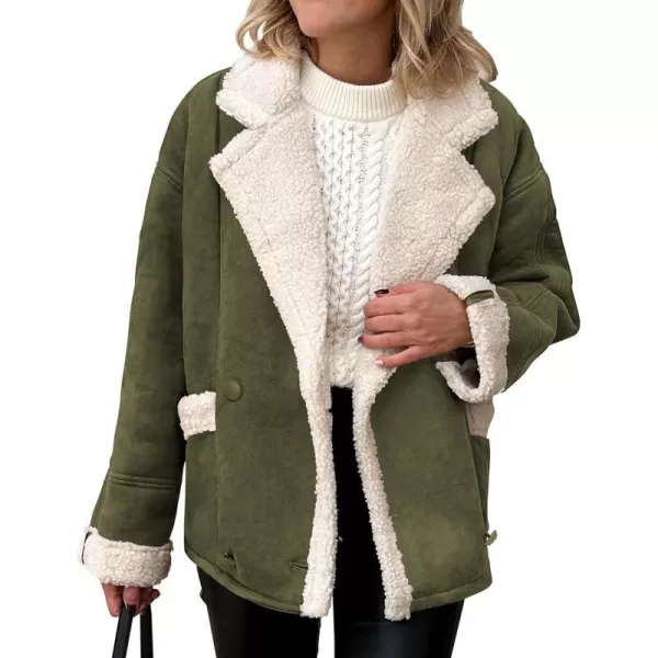 imagePRETTYGARDEN Womens 2023 Winter Suede Coats Fleece Sherpa Lined Jacket Faux Fur Lapel Pockets Warm Fall Fashion OuterwearArmy Green