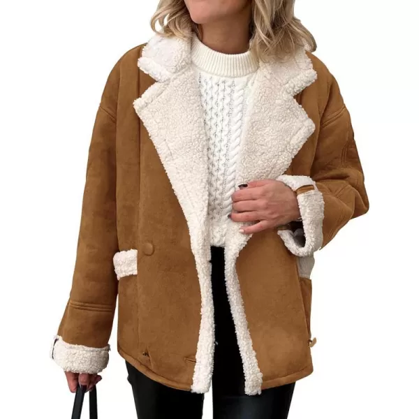 imagePRETTYGARDEN Womens 2023 Winter Suede Coats Fleece Sherpa Lined Jacket Faux Fur Lapel Pockets Warm Fall Fashion OuterwearBrown Yellow