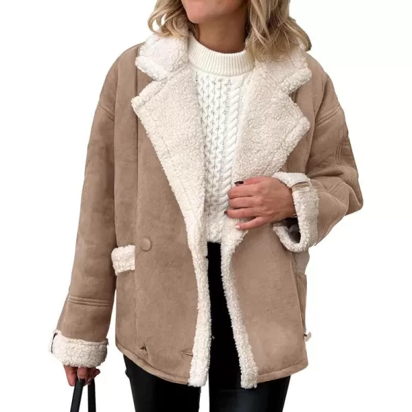 imagePRETTYGARDEN Womens 2023 Winter Suede Coats Fleece Sherpa Lined Jacket Faux Fur Lapel Pockets Warm Fall Fashion OuterwearCamel