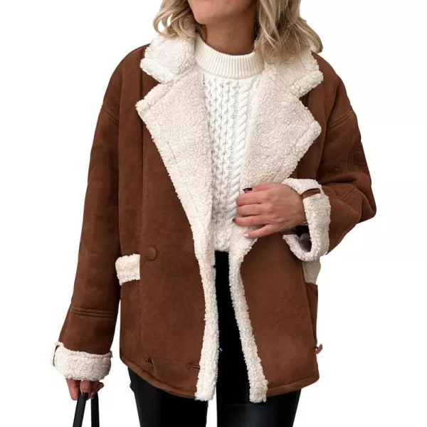 imagePRETTYGARDEN Womens 2023 Winter Suede Coats Fleece Sherpa Lined Jacket Faux Fur Lapel Pockets Warm Fall Fashion OuterwearDark Brown